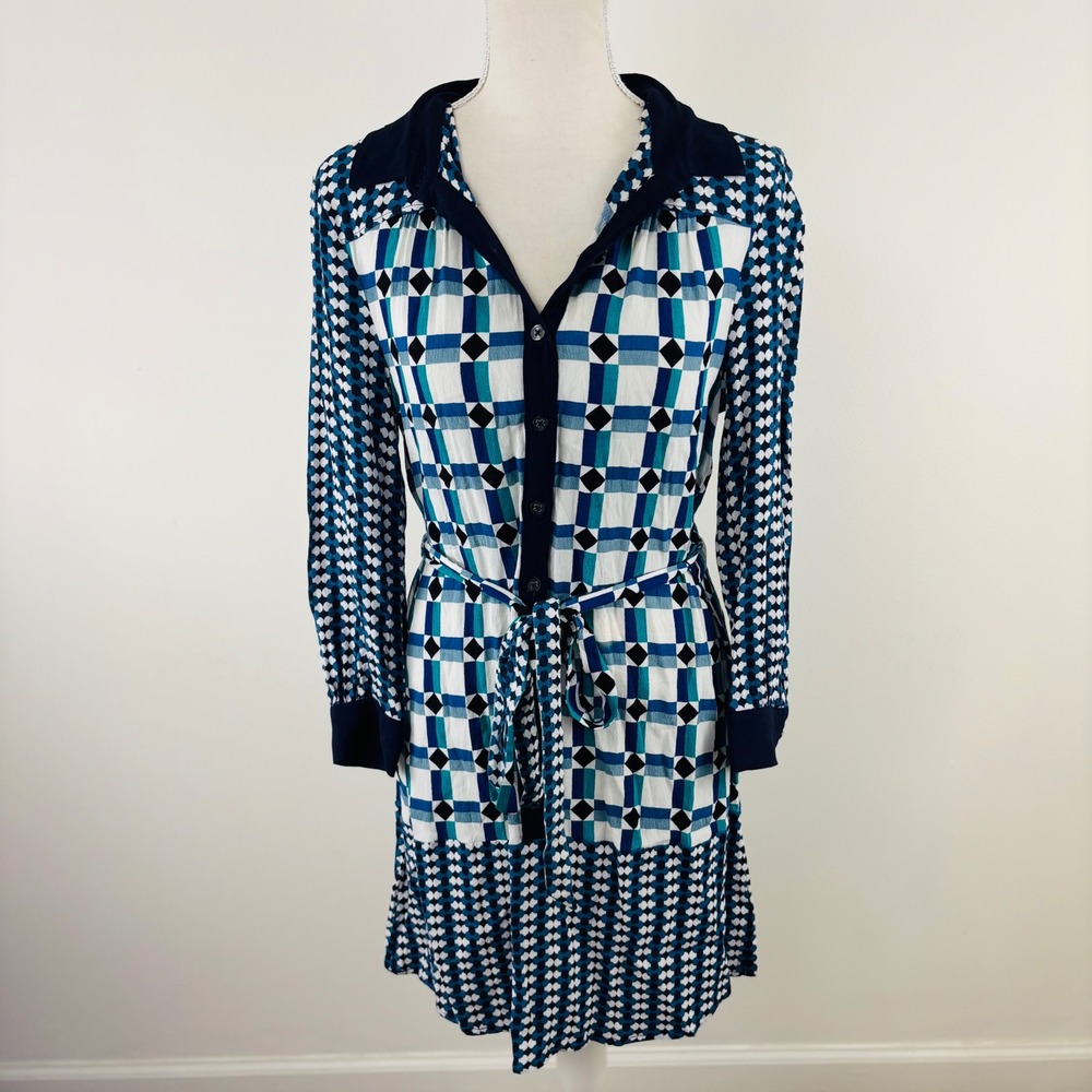 Maeve Anthropologie Geo Diamonds Squares Blue White Dots Belted Shirt Dress Sz 4
